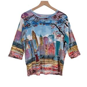 Vintage New York City Top Mp Multicolor Bead Skyline Lady Walking Dog 3/4 Sleeve